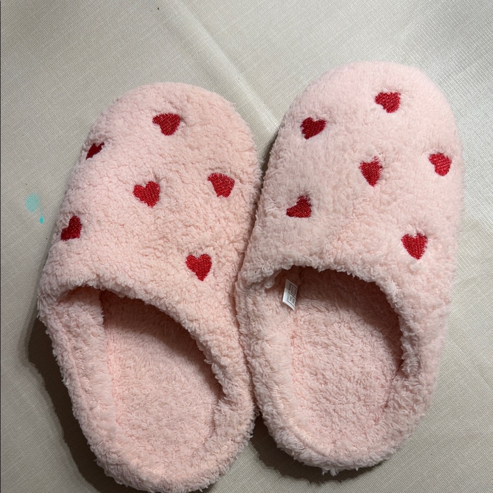 Pink Fuzzy Slippers with Red Hearts